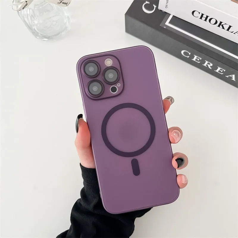Ice Mist coloured magnetic frosted all-inclusive case for Apple iPhone on a table.