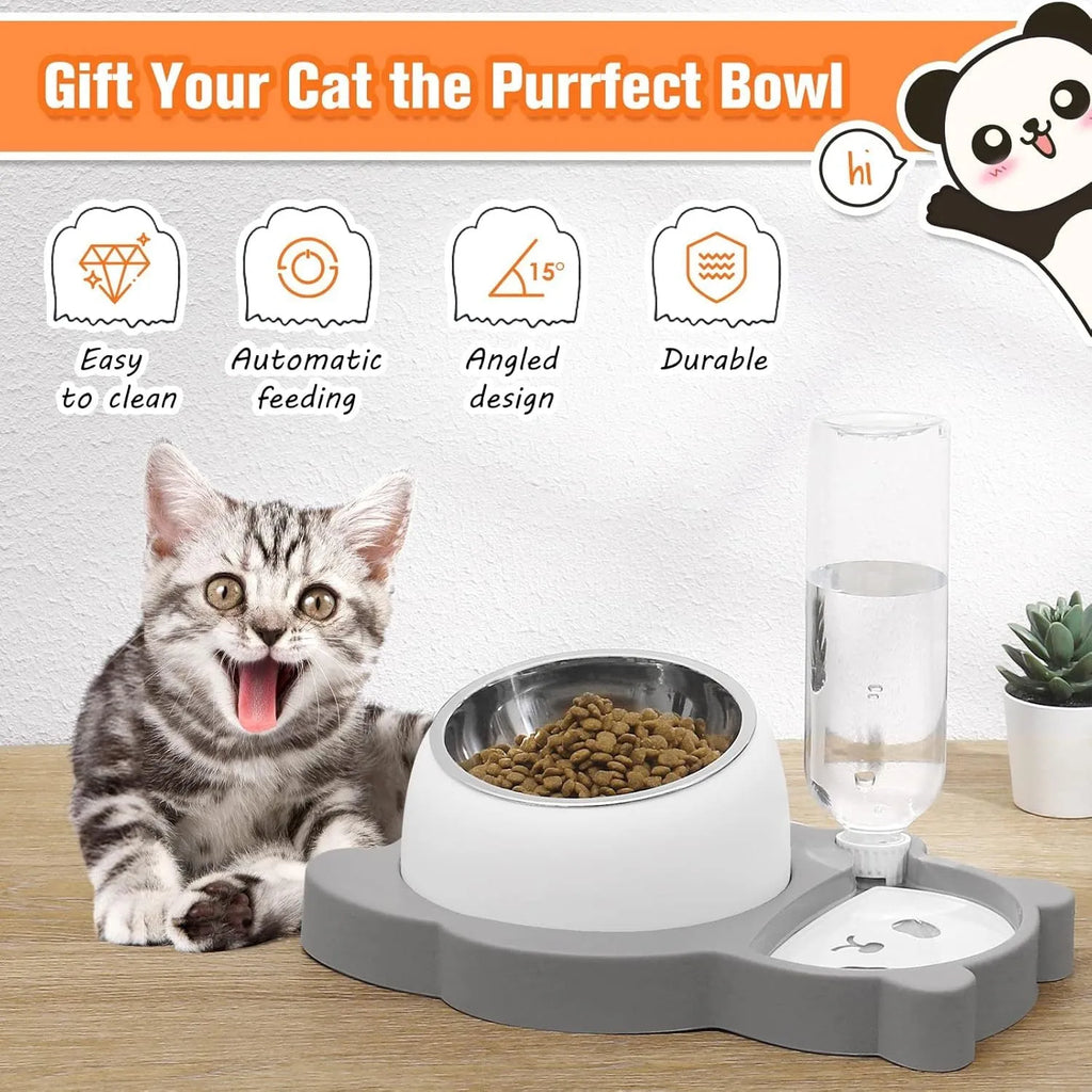 Grey panda-shaped tilted pet feeder with stainless steel bowls and a large automatic water bottle on a wide base.