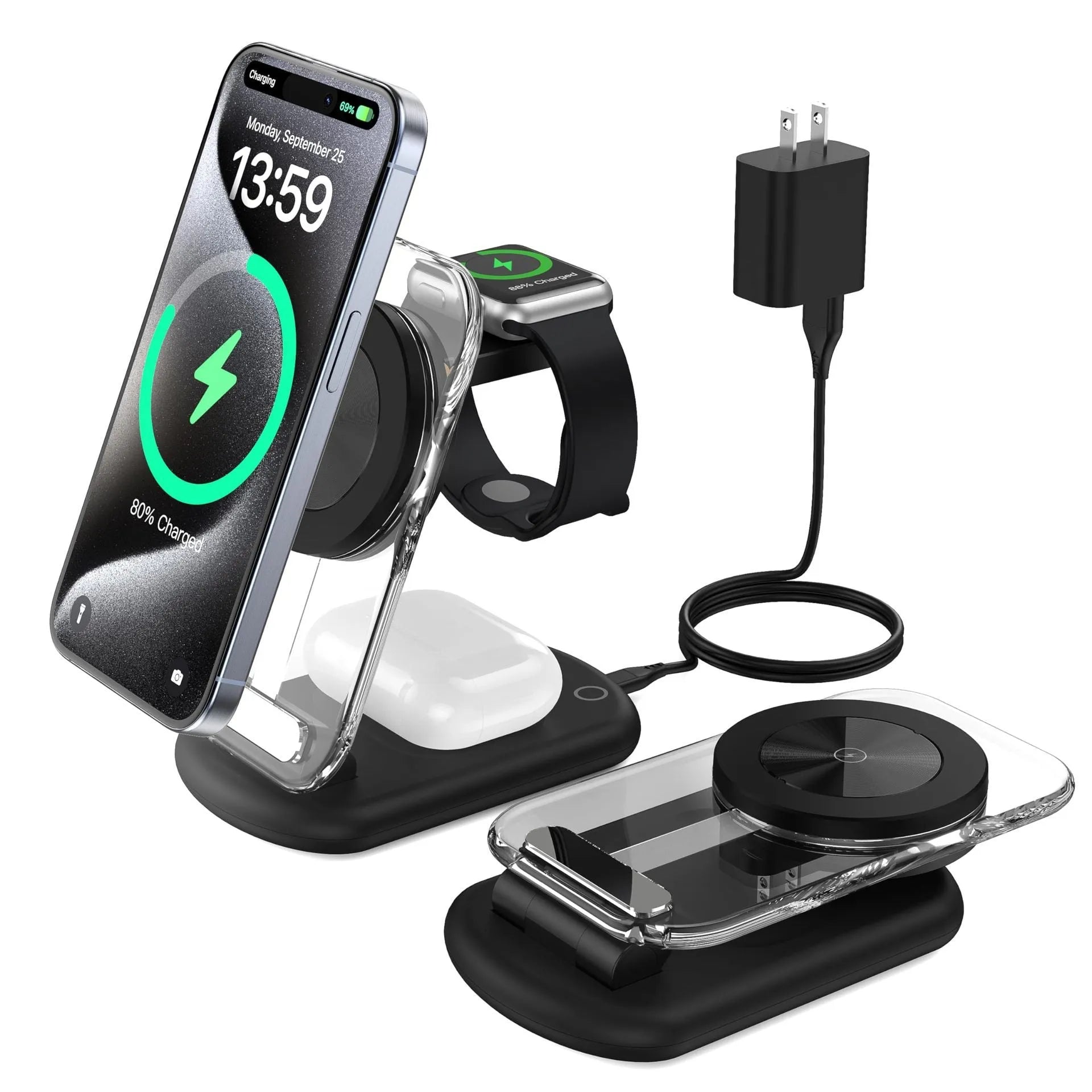 Transparent foldable magnetic wireless charger showing internal coils, unfolded on a table next to a smartphone.