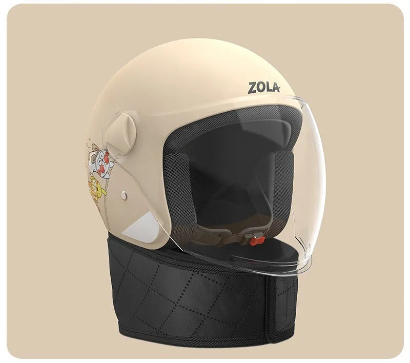 Blue winter electric bike helmet with attached fleece scarf and ear covers, visor down.