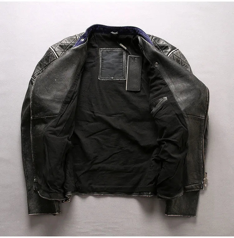Men's distressed black cropped slim standing collar leather jacket with top layer cowhide