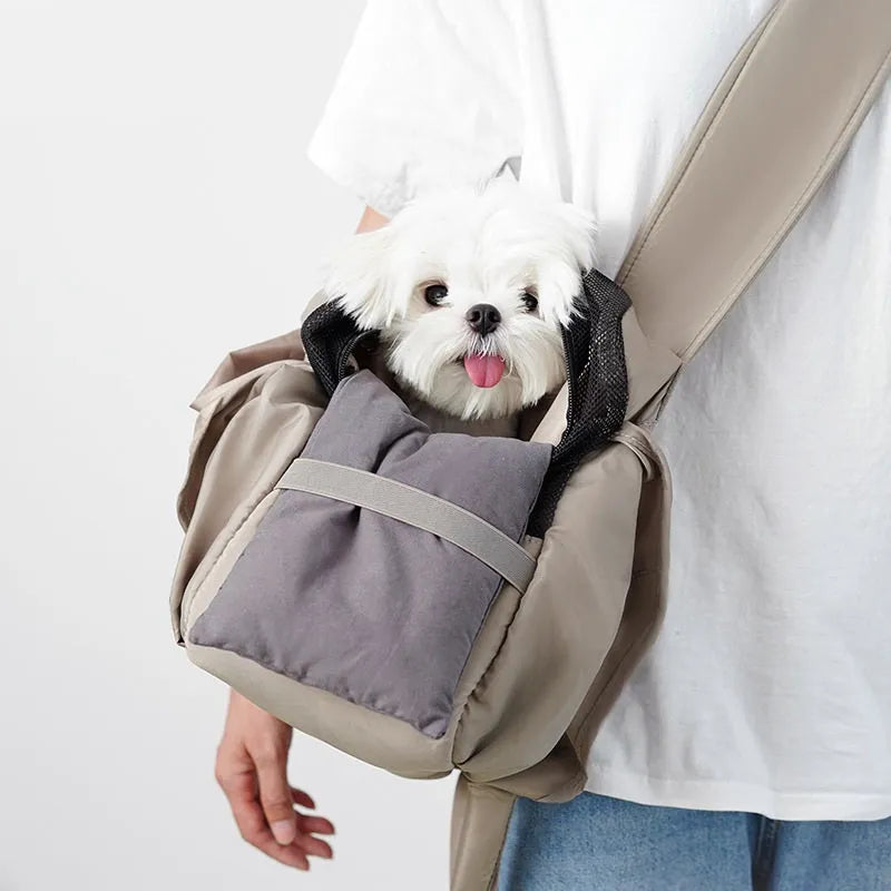 Apricot coloured cloth pet carrier bag for small animal transport