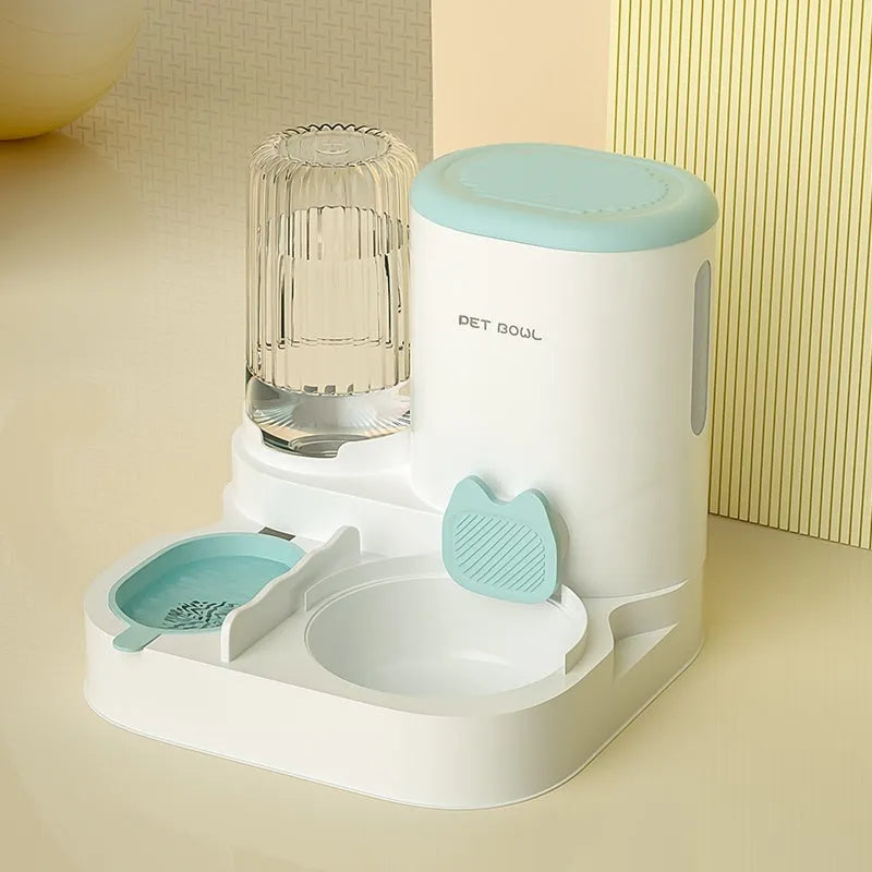 Automatic cat water fountain with two stainless steel food bowls attached, in avocado green colour.