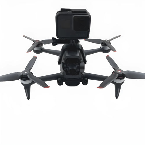 3D printed hard plastic FPV drone top expansion bracket with grey sponge padding for GoPro cameras.