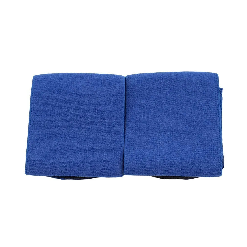 Red elastic rubber football shin guard tape belt laid flat, showing its length and width.