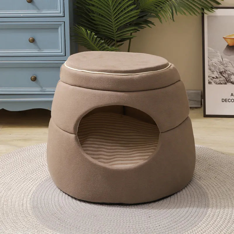 Tree hole warm kennel for small dogs and cats, grey fabric enclosed bed with entrance hole, 45x33x37 cm