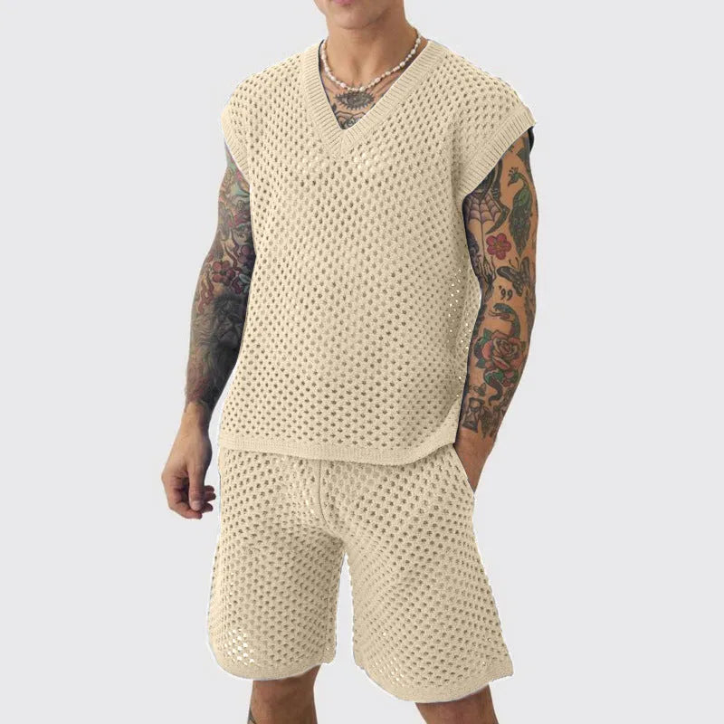 Men's blue V-neck vest and shorts suit for summer sports activities