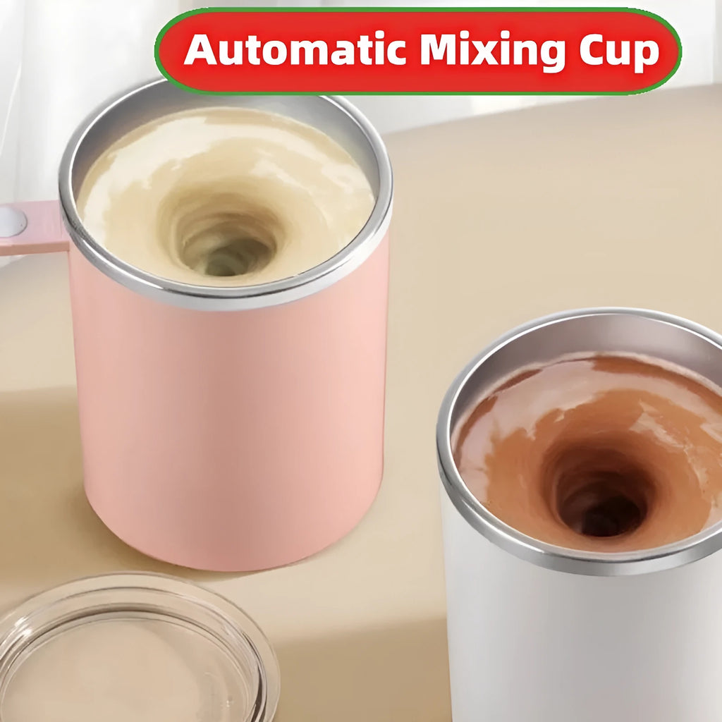 White automatic stirring coffee cup with magnetic base and 360ml capacity shown on a desk.
