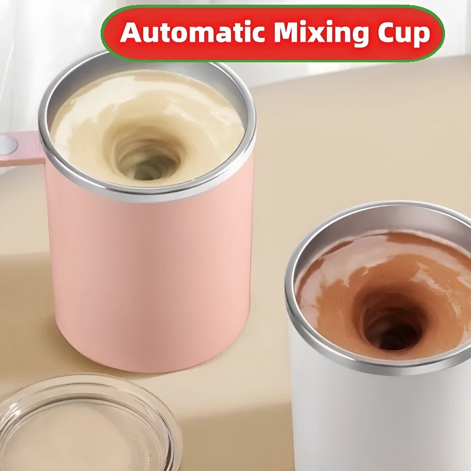 White automatic stirring coffee cup with magnetic base and 360ml capacity shown on a desk.