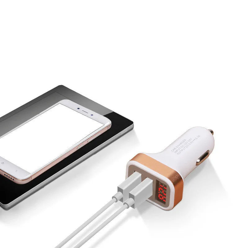 Gold and silver digital display car chargers showing 5V output on screen