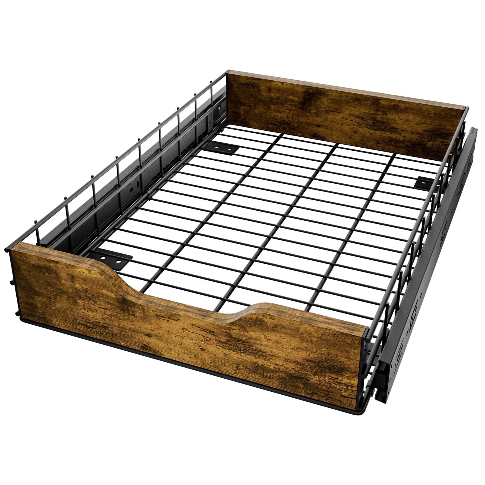 Black three-tier wooden basket storage drawer unit with iron frame on a kitchen countertop.