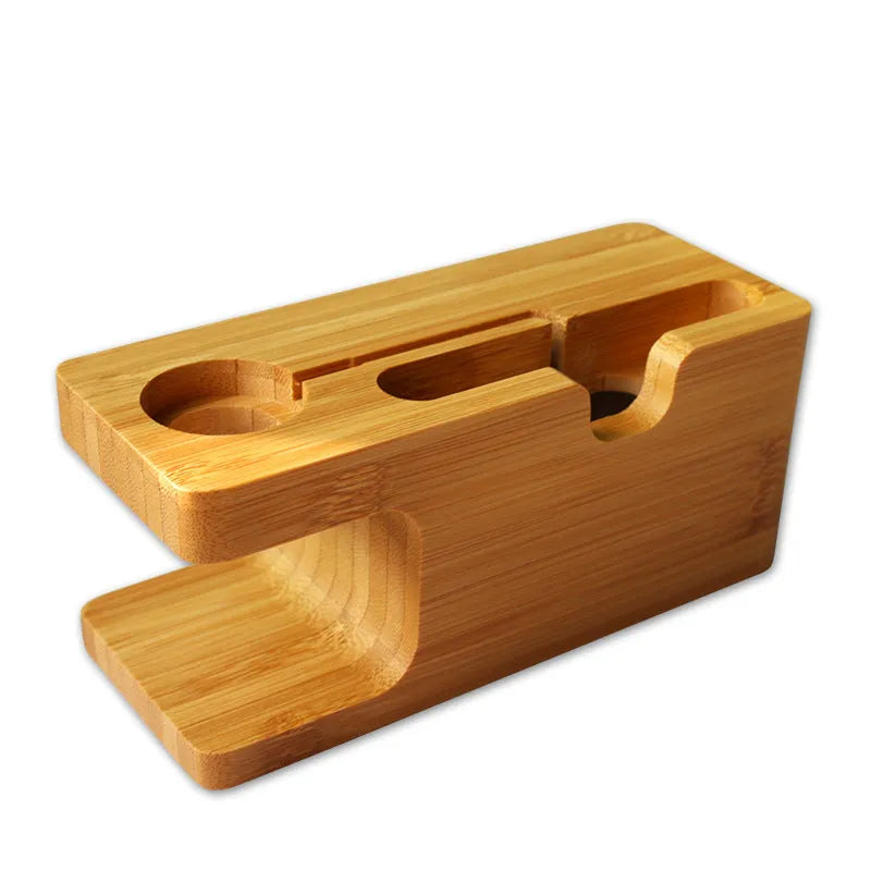 Bamboo smartphone stand with hand-carved round carving and inkjet finish, dimensions 149x55x60mm