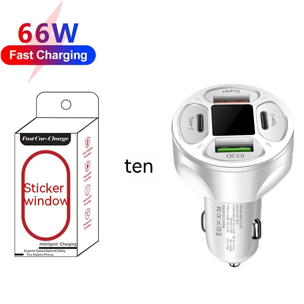 66W digital display car charger with 2USB and 2Type-C ports for fast charging