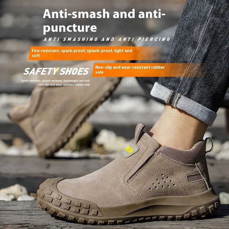 Mid-calf welding safety shoes in grey or khaki with steel cloth and suede leather construction for industrial protection