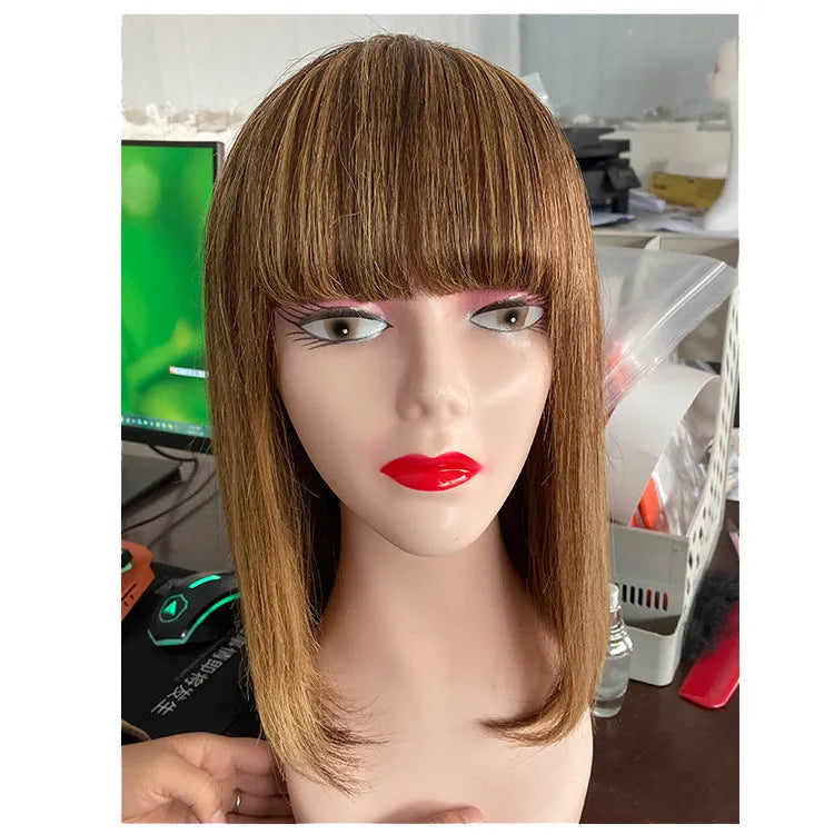Short real hair wig with Qi bangs, P4/27 ombre colour, available in 8-14 inch lengths
