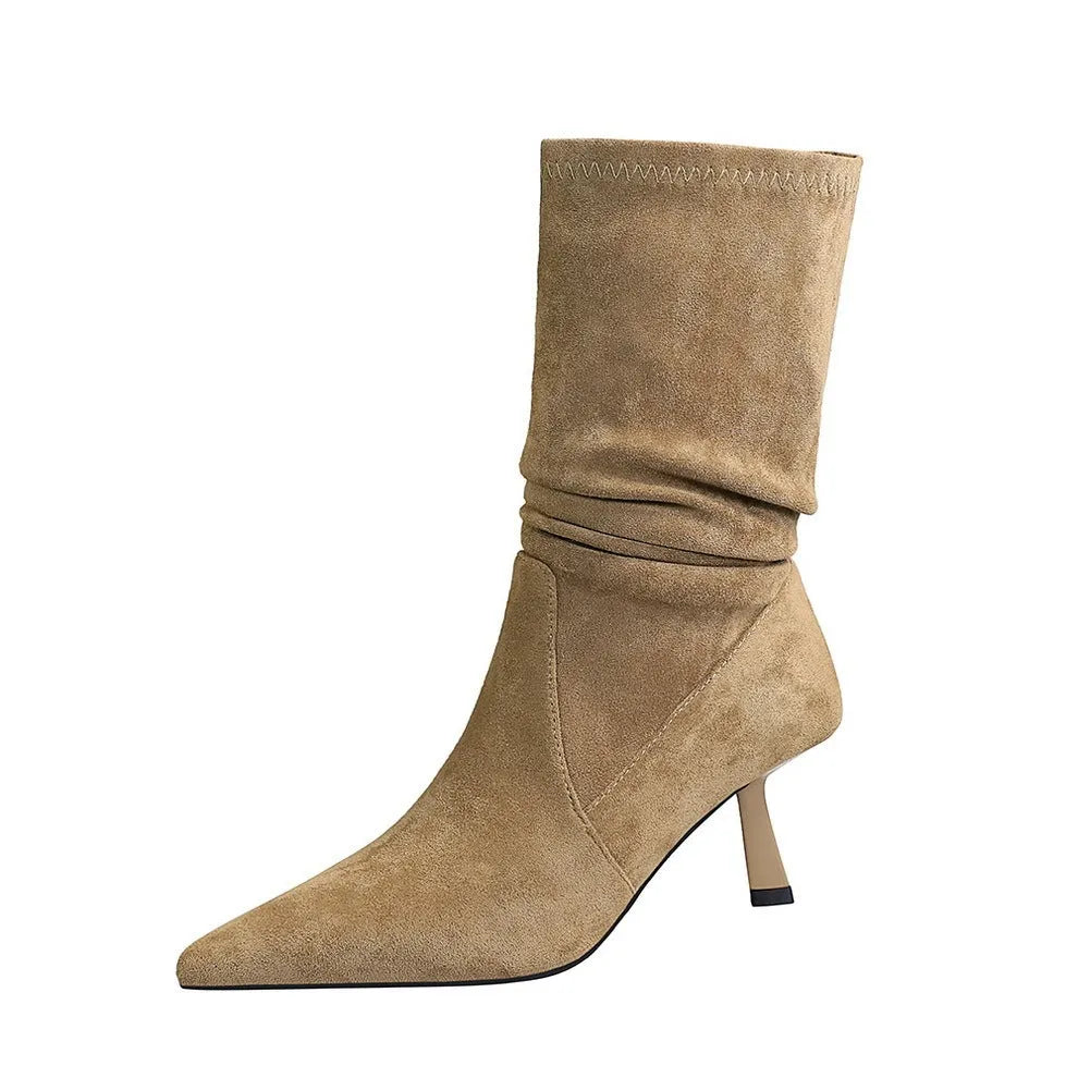 Solid colour mid-calf stiletto heel boots with elastic pleated detailing and pointed toe
