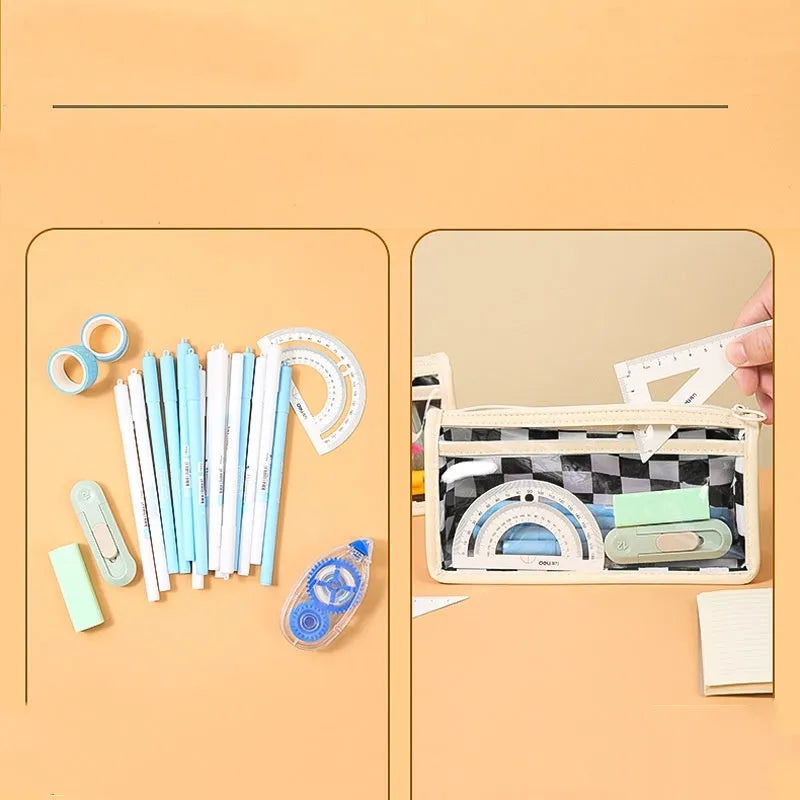 Transparent PVC pencil case with chessboard grid pattern, showing pens inside.