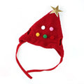 Pet Christmas tree shaped hat on a cat with adjustable chin strap, red and green polyester