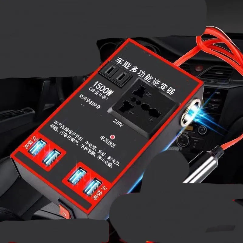 Black 12V 24V to 220V automotive power converter with car cigarette lighter plug and USB ports
