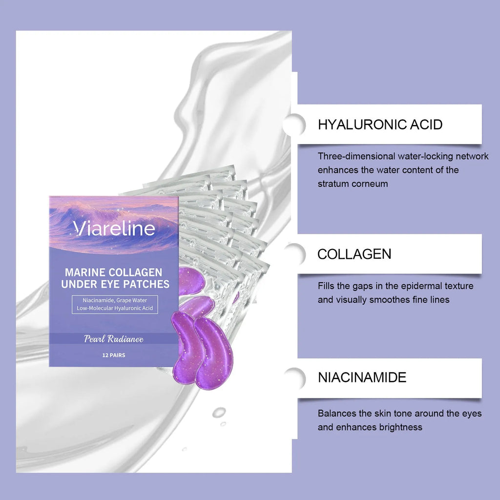 Pack of 12 collagen and hyaluronic acid moisturising eye masks for under-eye care.