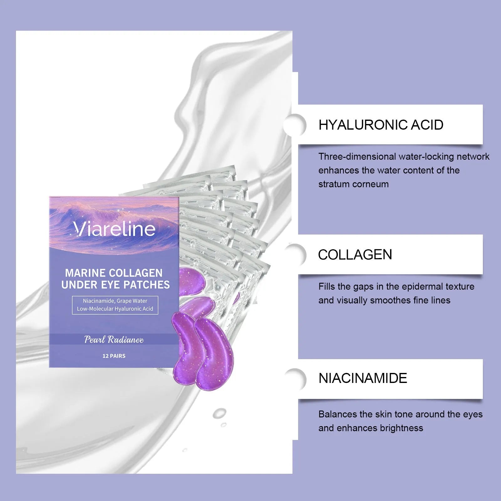 Pack of 12 collagen and hyaluronic acid moisturising eye masks for under-eye care.
