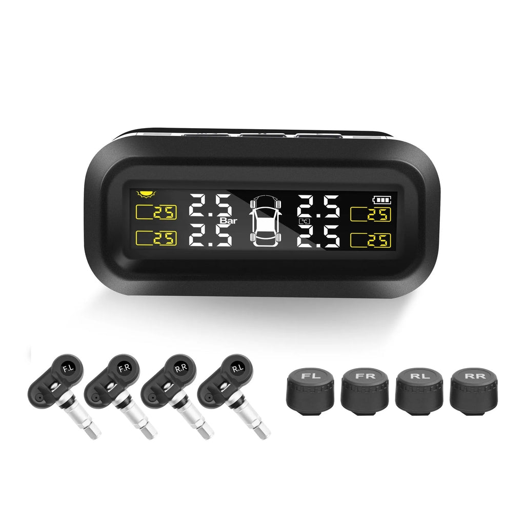 Wireless car tyre pressure monitor with colour screen display and solar panel