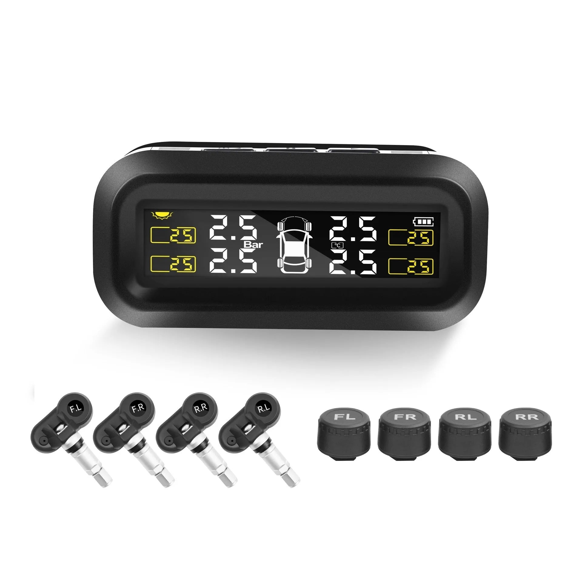 Wireless car tyre pressure monitor with colour screen display and solar panel