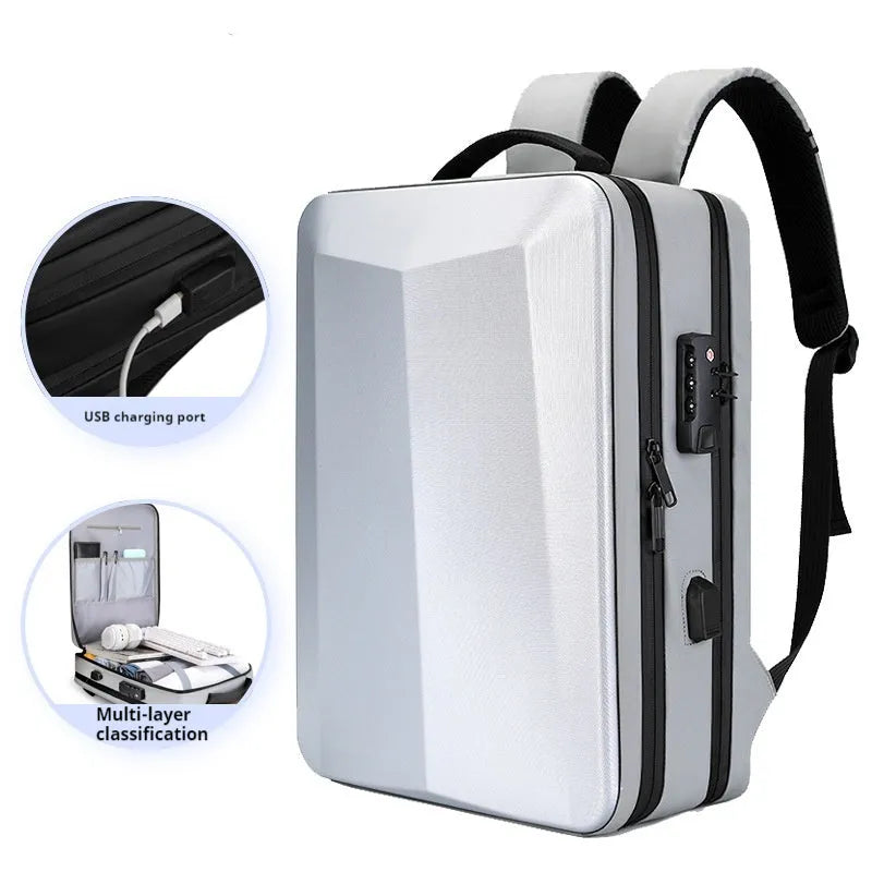 Waterproof ABS PC business backpack in black with curved shoulder straps and Oxford cloth exterior