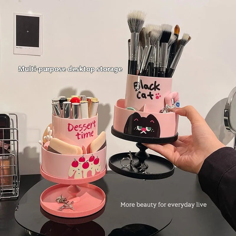 Beige rotating cosmetic brush storage barrel with open lid showing internal organiser rack