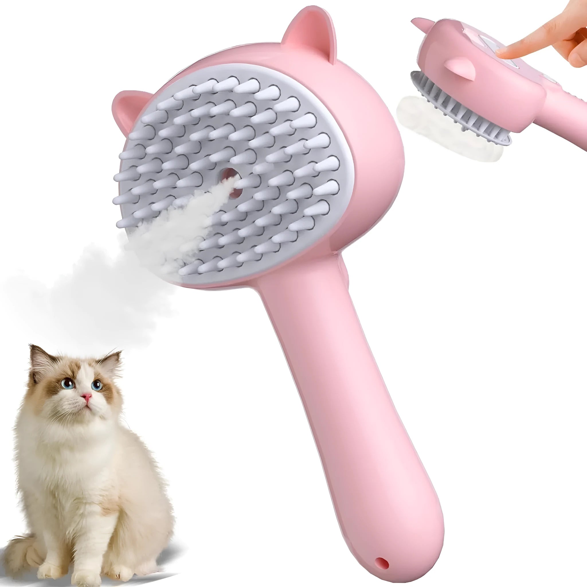 Blue 4-in-1 cat steam brush with ergonomic handle and rubber bristles for pet grooming
