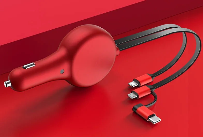 Black retractable car charger with extended cables plugged into a car lighter socket, showing three charging ports.