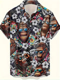 Men's floral print short sleeve shirt with loose cardigan style in polyester elastic fabric