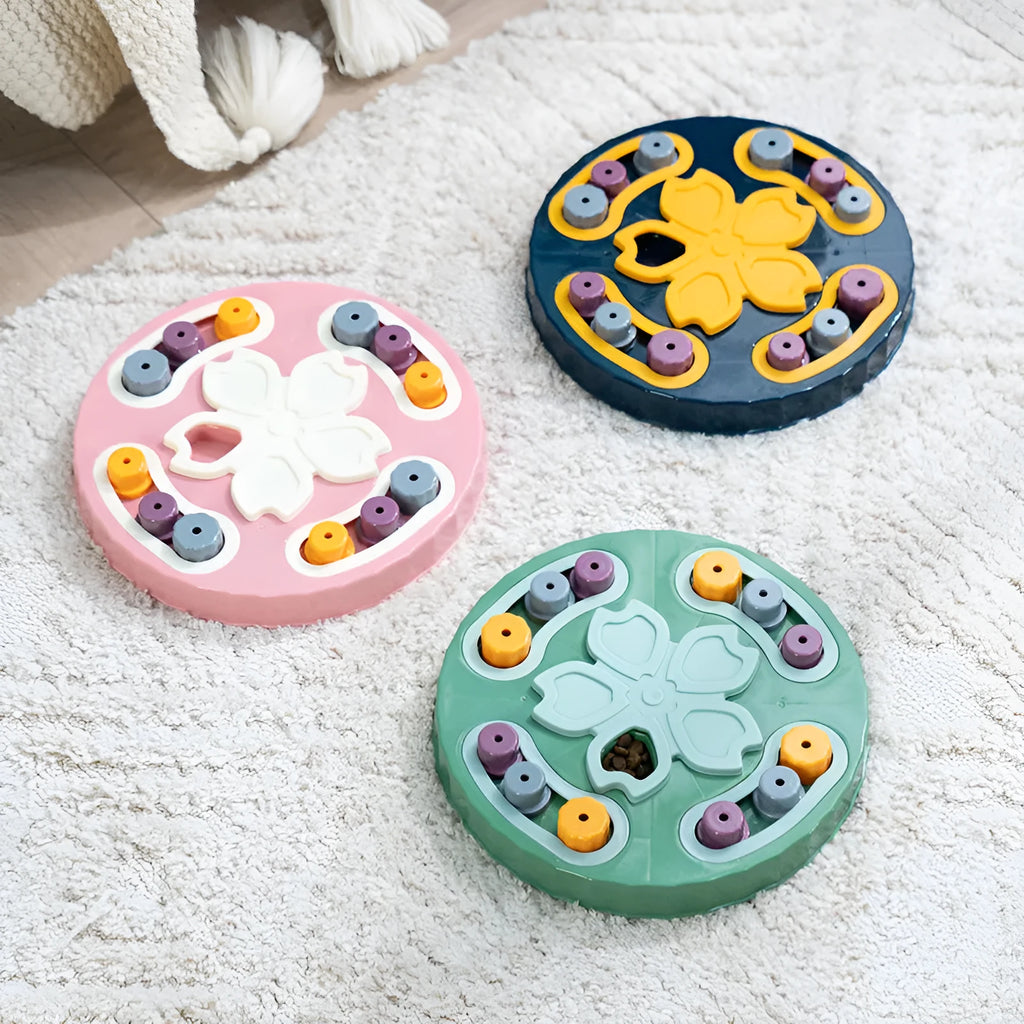 Dog slow feeding puzzle toy plate with obstacle patterns in blue colour