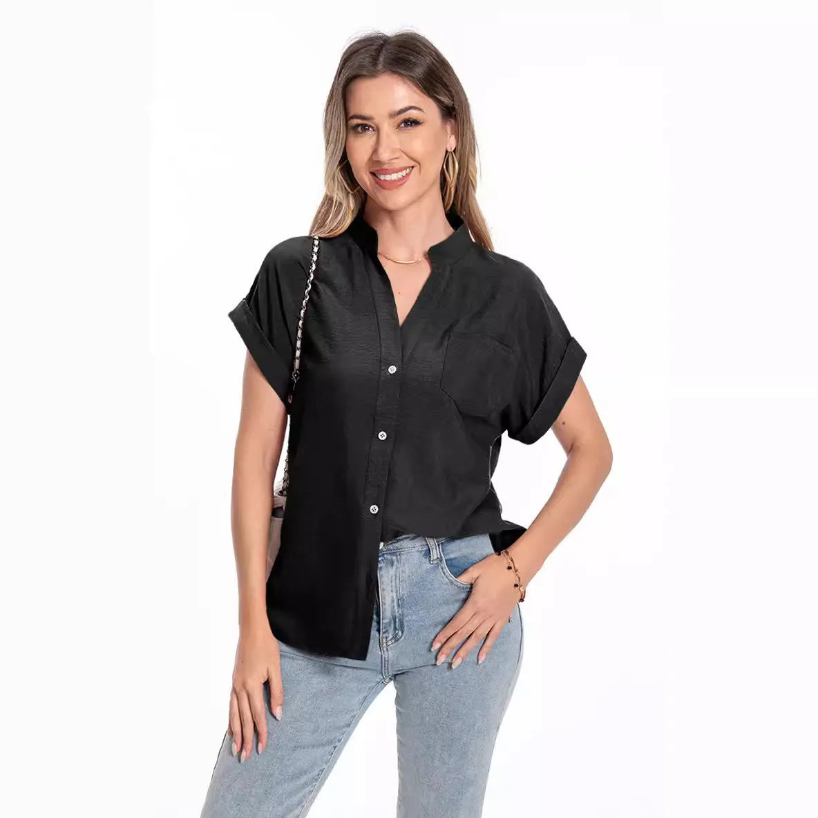 Women's stand collar summer top with button detail and raglan sleeves in loose fit design