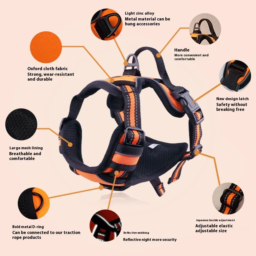 Adjustable dog chest harness in Oxford cloth showing eight colour options and four size variations