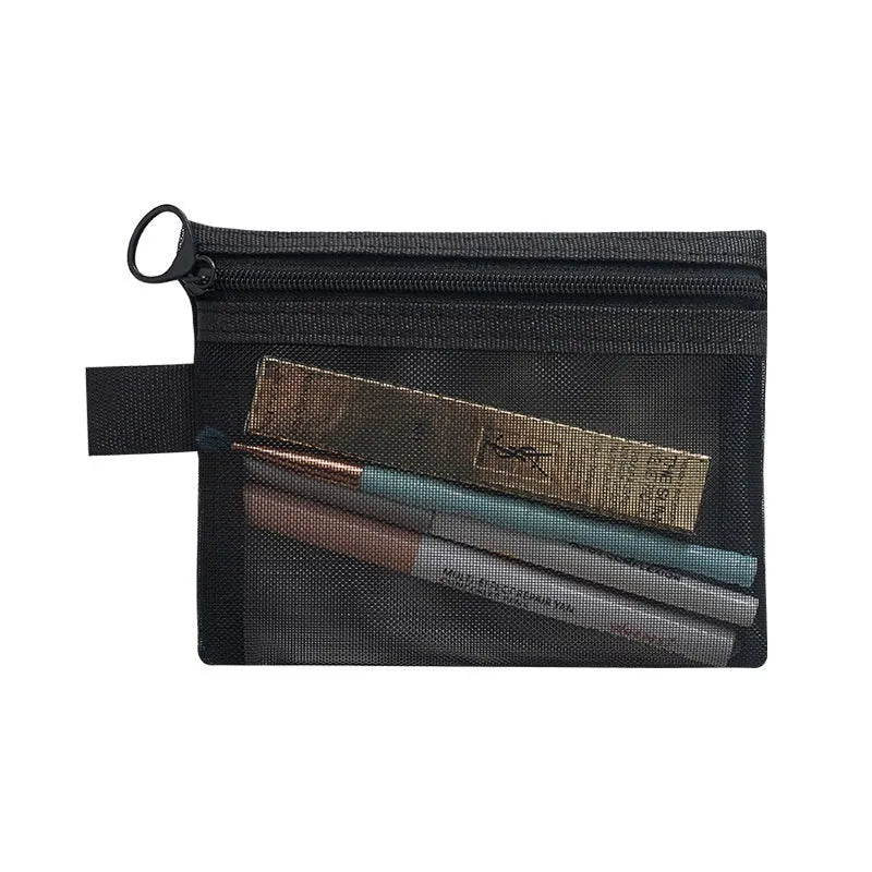 Transparent nylon mesh cosmetics storage bag with zipper in three sizes