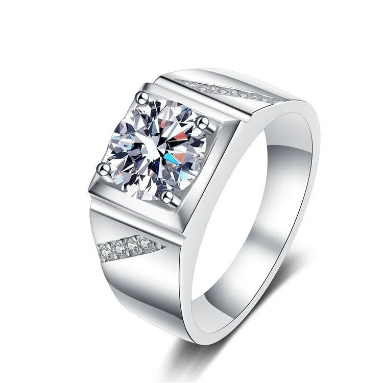 Men's adjustable square diamond ring in copper with gold or platinum finish and cubic zirconia centrepiece