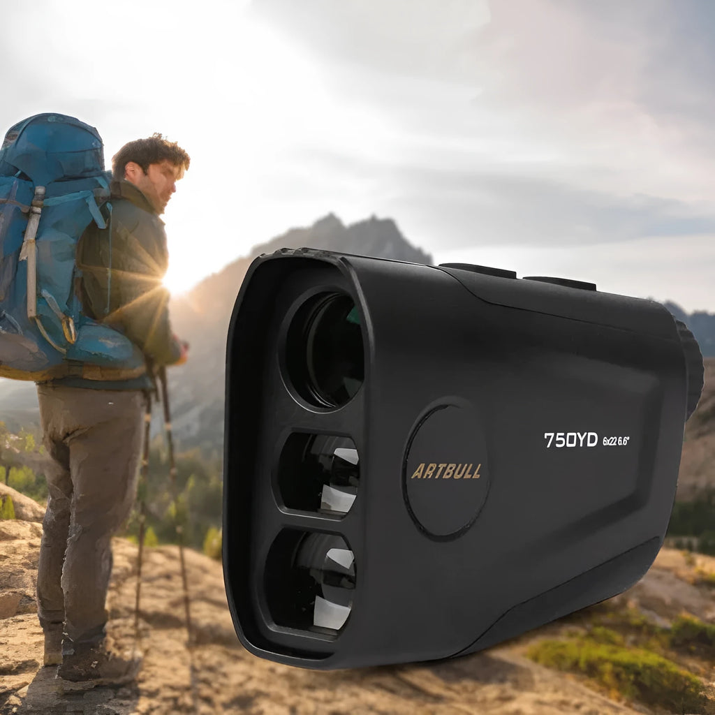 Golf laser rangefinder with 750 yard range showing LCD display with distance measurement