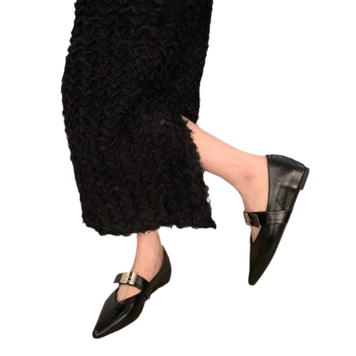 Women's black microfiber Mary Jane shoes with silver pointed toe detail and buckle fastening