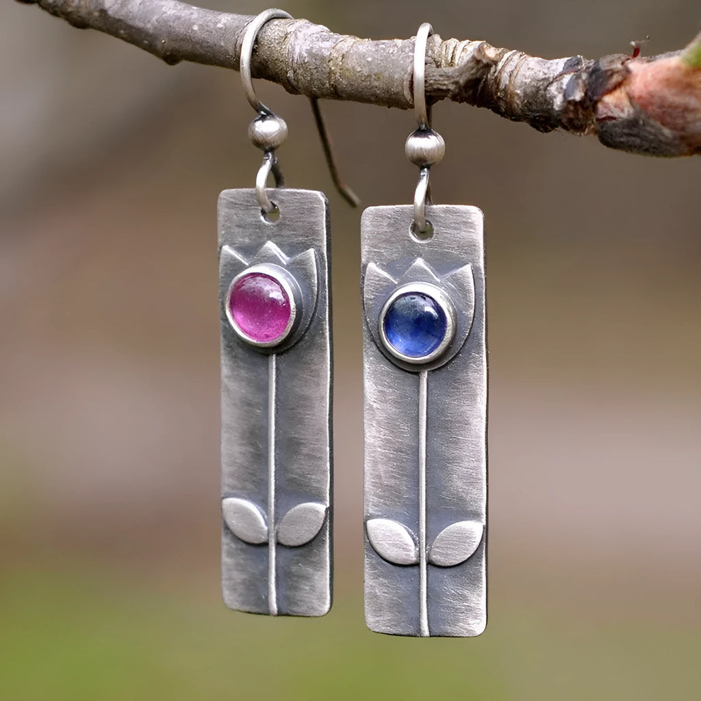 Antique finish red sapphire geometric earrings with retro style and elliptical design elements