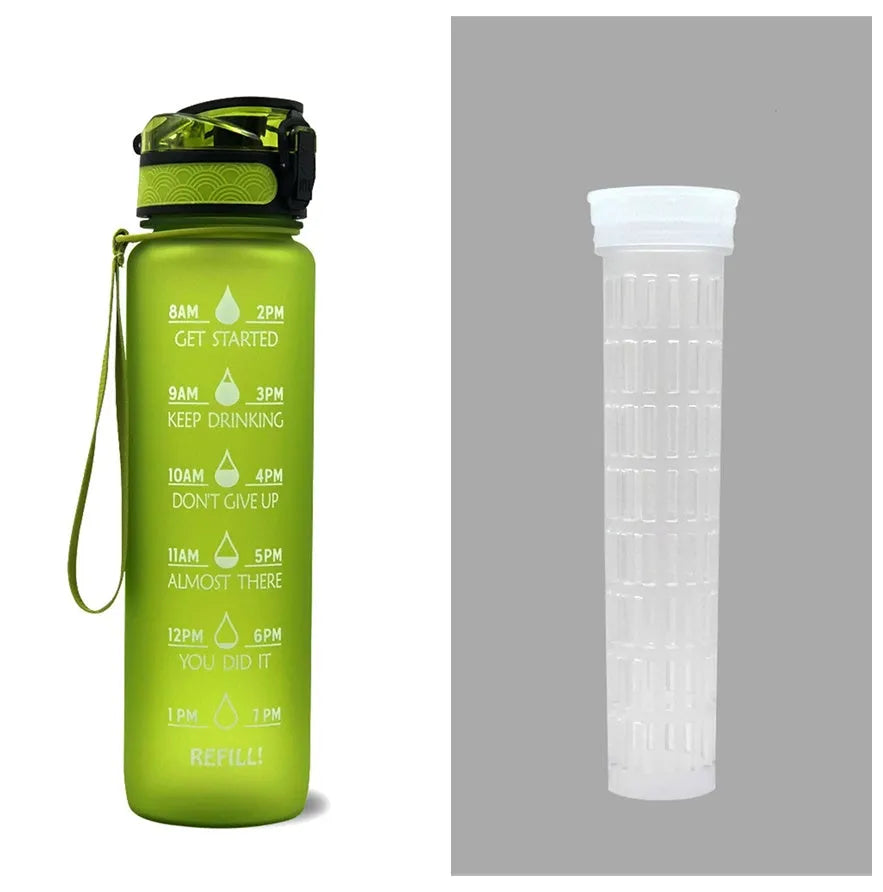 Blue and red gradient 1-litre Tritan sports water bottle with time markers, flip-top lid, and wrist strap.