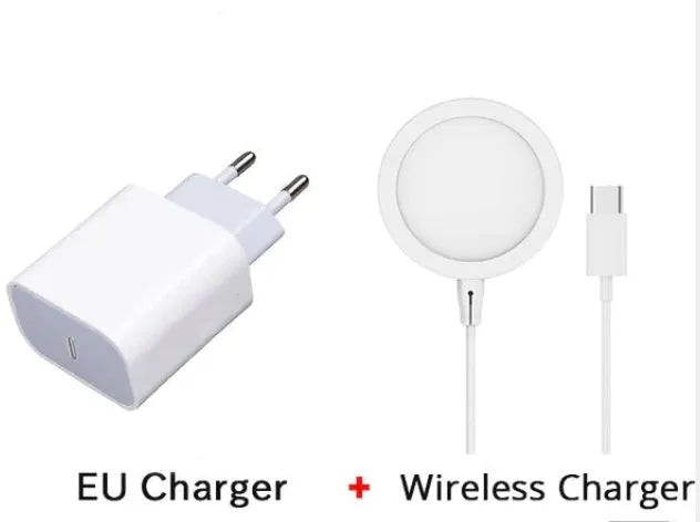 Silver aluminium MagSafe-compatible magnetic wireless charger for iPhone on a wooden desk.