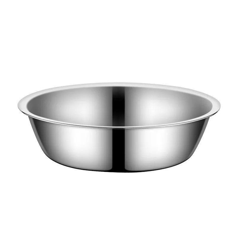 Stainless steel pet bowl set showing five different sizes from 13cm to 22cm diameter.