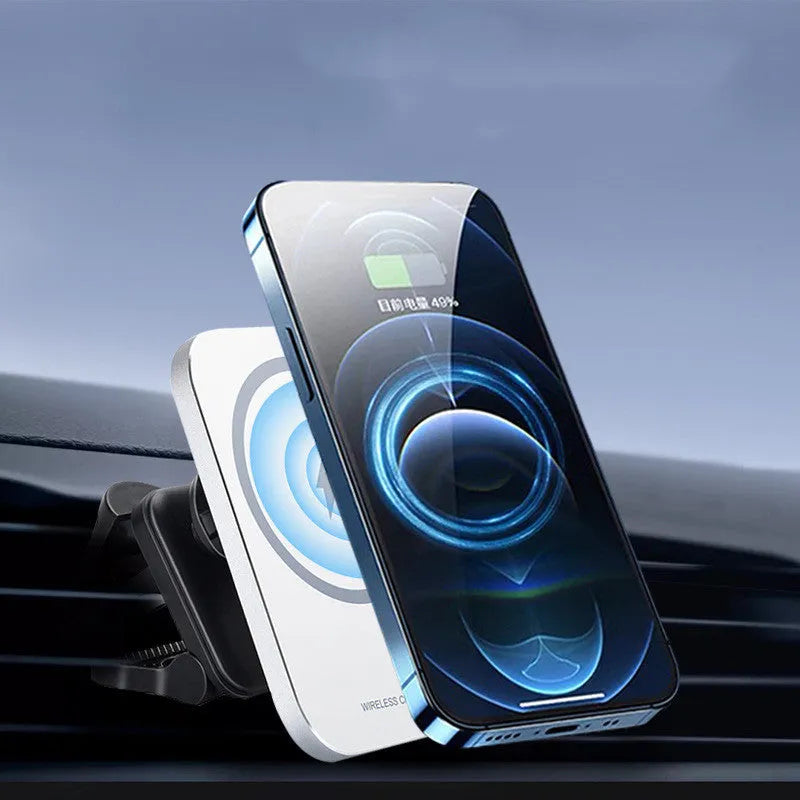 Black magnetic wireless charging car phone holder mounted with a silver iPhone.