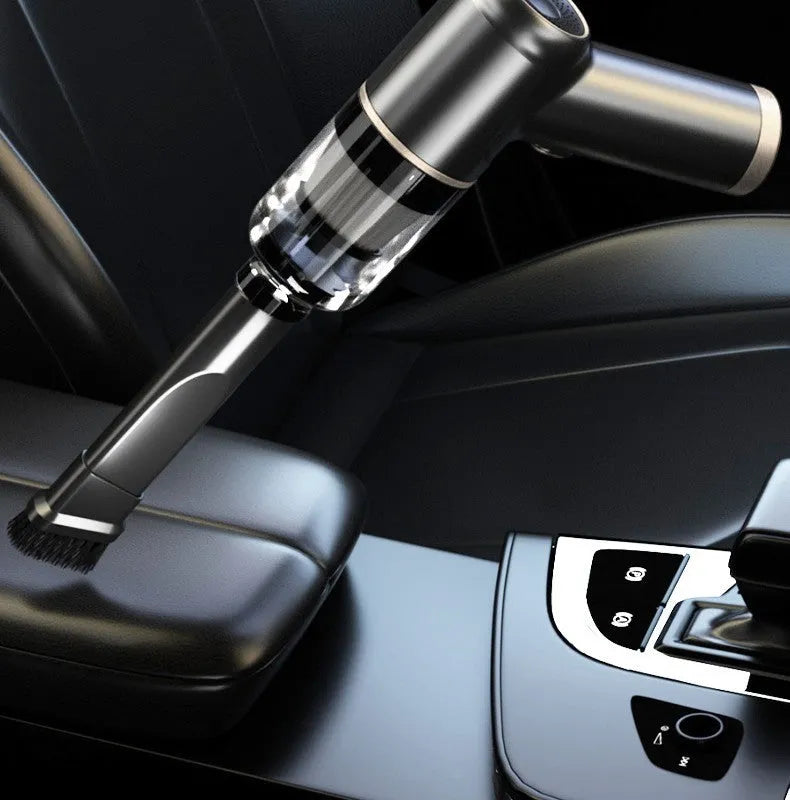 Black wireless car vacuum cleaner with multiple nozzle attachments and inflation function