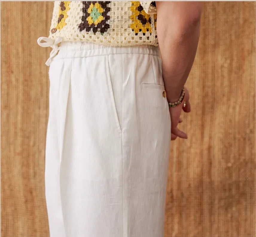 Women's linen high-waist trousers with elastic waistband and straight-leg lace detailing in navy blue