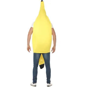 Yellow banana costume for adults made from polyester, available in sizes M and L