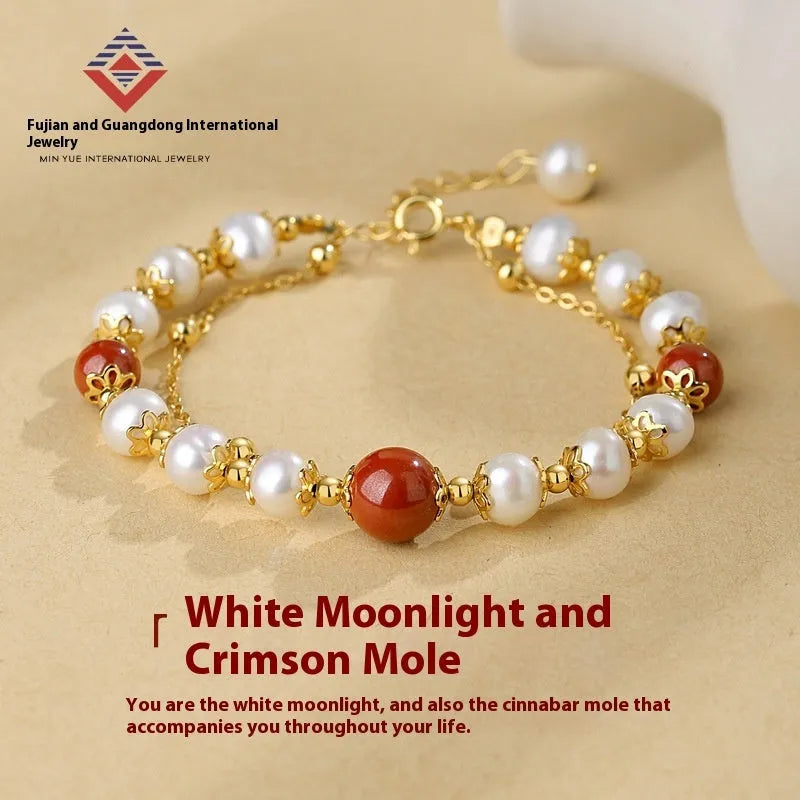 Silver double-layer bracelet with Chinese bean design and red cinnabar fresh water pearl necklace charm