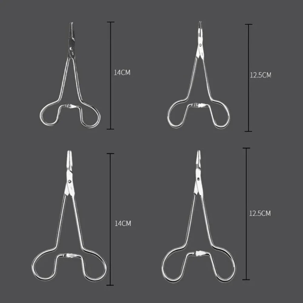 Silver stainless steel pet ear cleaning tweezers with anti-slip handle on a white background.