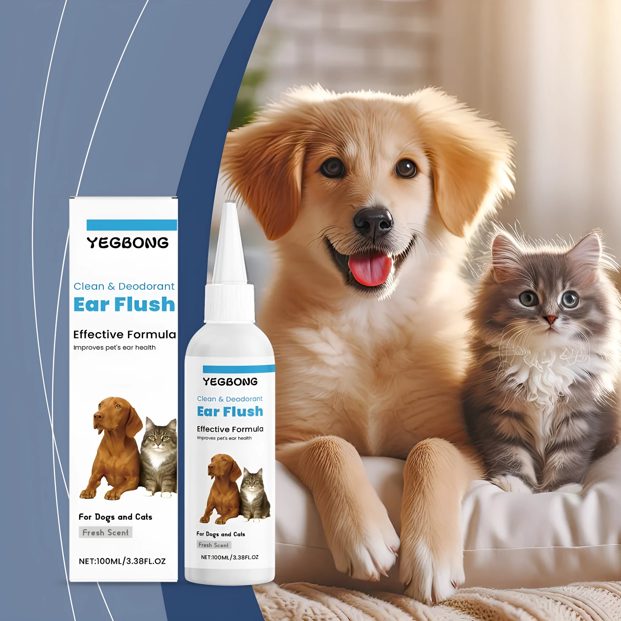 100ml bottle of dogs and cats ear cleaner solution with applicator nozzle for gentle pet ear wax removal.